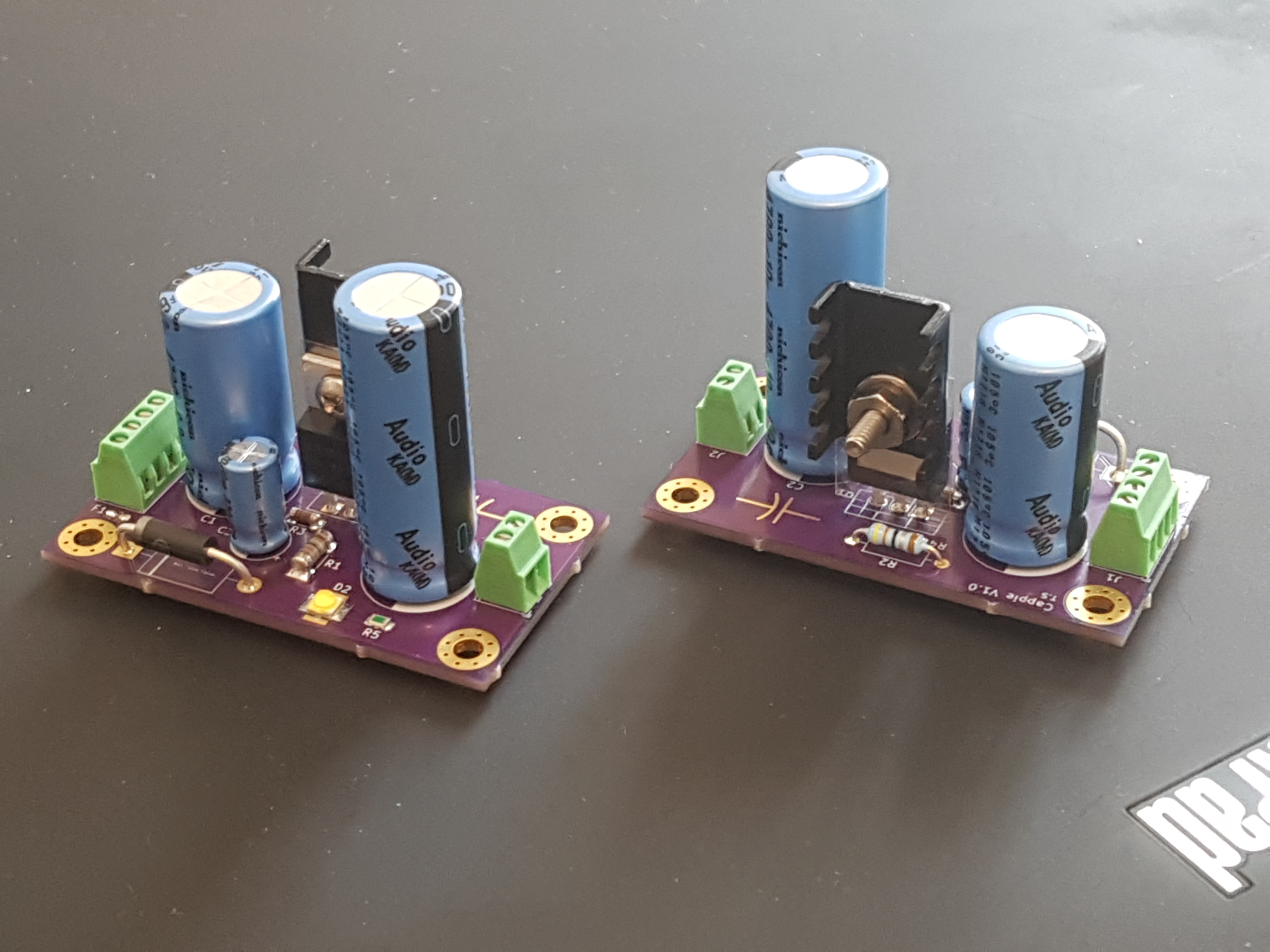 Cappie V1 audio-amplifier PCB and connected components