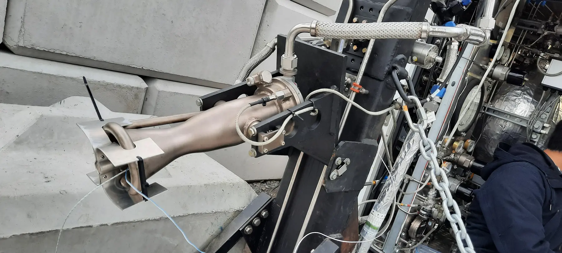 Close view of the LR-101 engine installed on Launch Canada's test stand